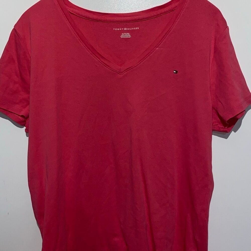 Tommy Hilfiger Women's Red Cotton Stretch V Neck Short Sleeve T-Shirt Size XL